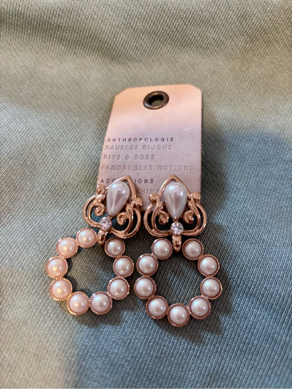 Anthropologie Gold Pearl Hoop Drop Earrings